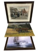 A group of pictures and prints including a large unframed oil on canvas depicting horses tilling a