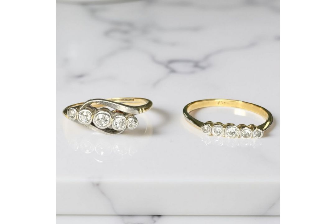 Two antique 18ct gold five stone diamond rings, sizes N and O. CONDITION REPORT: 4.