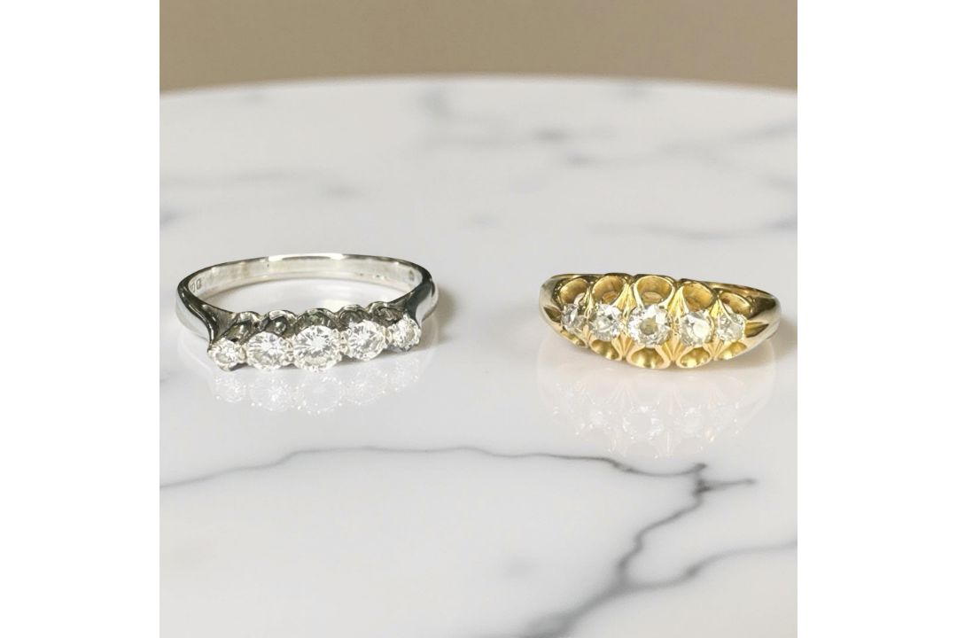 Two 18ct gold five stone diamond rings CONDITION REPORT: White gold size O.