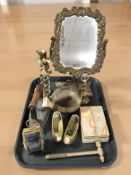 A gilt plaster easel dressing table mirror, pair of brass barley twist candlesticks,