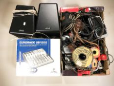A Behringer mic / line mixer in box, a pair of Polk audio speakers, together with other speakers,