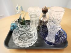 Glass wares including a Mdina blue glass squat vase, pair of studio glass birds, crystal vases,
