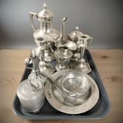 Pewter and silver plate including pair of candlesticks, tea set, etc.