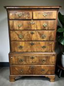 A George II provincial burr walnut and pine seven drawer chest on chest, mid 18th century,