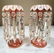 A pair of Victorian ruby glass gilt and transfer printed table lustres,