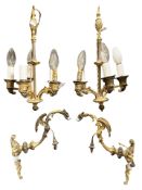 A pair of late 19th century gilt metal five sconce chandeliers, wired for electricity, height 42 cm,