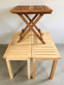 A Scandinavian teak lattice folding table and two further blonde oak tables.