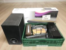 A group of digital radios including JVC, a speaker, a JVC wireless soundbar in box, etc.
