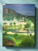 Continental Contemporary School : A Fountain in Formal Gardens, oil on board, 110 cm x 84 cm,