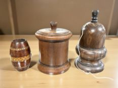 An 18th century turned Lignum Vitae string box with steel blade cutter in finial, height 21 cm,