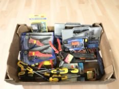 New tools including wire strippers, screwdrivers, hammers, security key sets, drill bits.