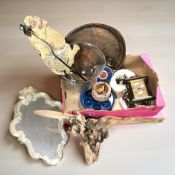 A Venetian style glass mirror, copper tray, an Indonesian puppet,