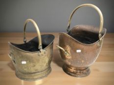 A Victorian copper coal scuttle plus a brass example, tallest 34 cm.