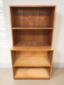 A Danish blonde oak veneered open bookcase, width 82 cm, and a further similar open bookcase.