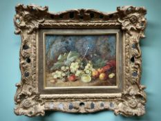 Vincent Clare (British, 1855-1930) : Still LIfe with Gooseberries, Cherries and Strawberries,