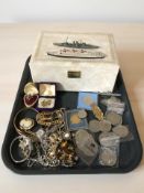 A collection of crowns, costume jewellery, a modern jewellery box, two small die cast model ships,