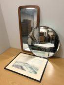 A 1970's teak framed mirror, height 79 cm, an Art Deco frameless mirror and a J. W.