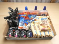 New household cleaning products, leather cleaner, fabric dye, latex gloves, etc.