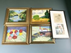 Four contemporary oil paintings including still life of flowers, study of a bridge,