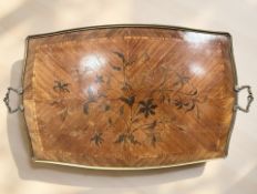 A kingwood and floral marquetry shaped rectangular serving tray with brass twin handles,