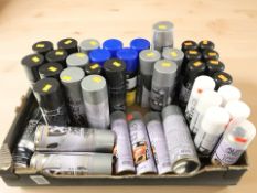 Assorted new cans of mainly vehicle spray paint in various colours and finishes.