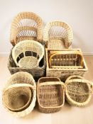 A collection of wicker baskets and child's chairs.