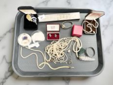 A group of costume jewellery, pearls, an enamelled three piece coin pendant in silver,