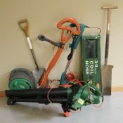 Garden tools including leaf blower, two strimmers, hose pipe,