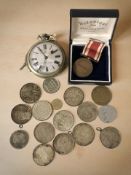A large open faced continental pocket watch, a small group of coins and medals.
