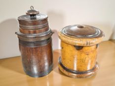 An 18th century turned fruit wood cylindrical string box, lacking finial with cutter, height 19 cm,