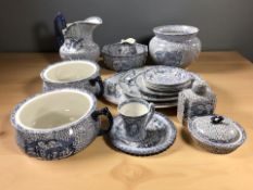 Nineteen pieces of Adams transfer printed blue and white items including tea canister, chamber pots,