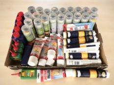 New tins of spray varnish, caulk, instant filler, oil, etc.