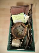 A group of brass and steel fire companion pieces, horse brasses, set of letter punchers in tin,