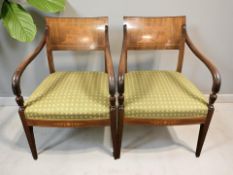 A pair of late 19th century continental mahogany and stain wood inlaid armchairs,