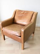 A Danish tan leather lounge armchair, probably Borge Morgensen for Fredericia, width 72 cm.
