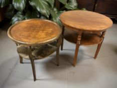 An inlaid oak chessboard circular occasional table and a further two tier oak table.