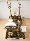 A group of continental brass lamp bases, sconces, pendant light fitting, etc.