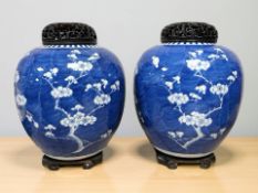 A large pair of 19th century Chinese blue and white porcelain ginger jars decorated with prunus
