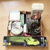 A group of household electricals, Star Wars Darth Maul figure, garden hedge trimmer, hydraulic jack,