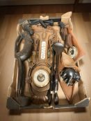 A group of African treen carvings, continental barometers, etc.