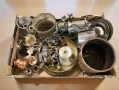 Assorted metal wares, candelabrum, planter, serving trays, pewter items, etc.