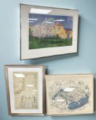 Danish School : Village with cherry blossom trees, colour print,