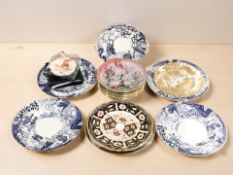 Assorted porcelain plates, Royal Crown Derby Mikado, further Derby Aves gold plate,