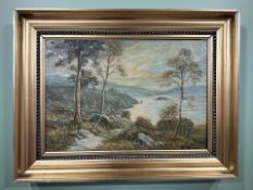 H Linnet : View from a cliff towards a lake, oil on canvas,