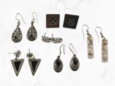 Five pairs of silver/white metal earrings and a pair of cuff links