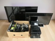 A Bush 40 inch LCD TV and a further TV, with leads and remotes, and a box of headphones,