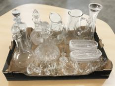 Assorted decanters, pressed glass corn cob dishes,