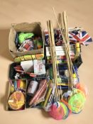 New children's items including fishing nets, flags, balls,