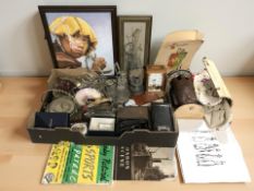 EPNS items, vintage camera, oil lamp, native American style moccasins,