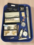 A group of pocket knives, cut throat razor, whistle, Smiths Empire pocket watches,